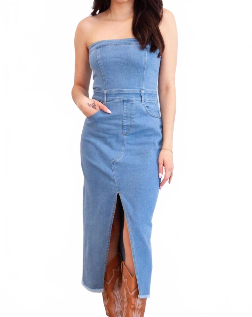 NEW THE VINTAGE SHOP sadie strapless denim midi dress in blue